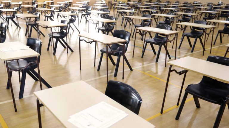 School desks set up for examinations